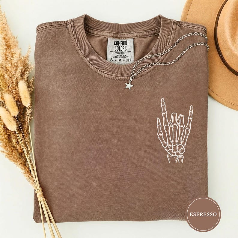 Rock On Skeleton Hand Shirt, Funny Rock Graphic Tee, Rock Fingers Shirt, Cool Mens Graphic Tee, Rock Music Gift, Rocker Tee, Gift for Him Espresso