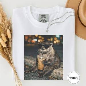 Funny Otter Drinking Iced Coffee Shirt, Animal Meme Graphic Tee, Otter Lover Gift, Funny Otter Shirt, Coffee Lover Tee, Otter Tee White