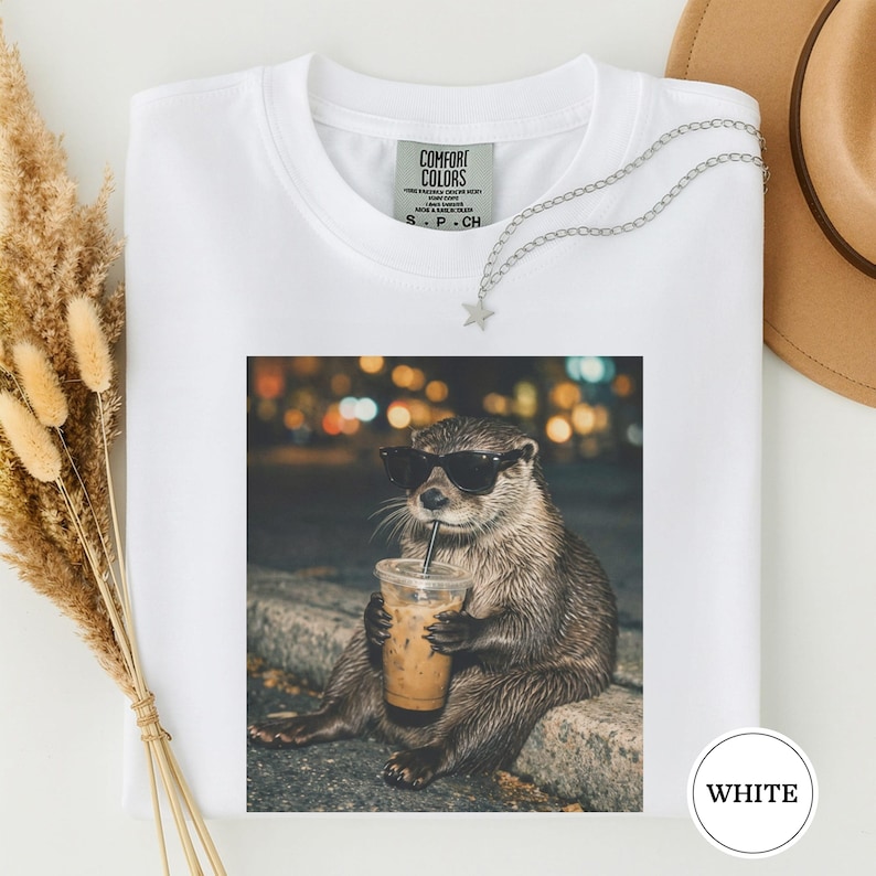 Funny Otter Drinking Iced Coffee Shirt, Animal Meme Graphic Tee, Otter Lover Gift, Funny Otter Shirt, Coffee Lover Tee, Otter Tee White