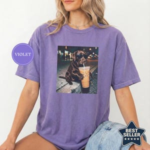 Funny Chocolate Lab Drinking Iced Coffee Shirt, Animal Meme Tee, Dog Lover Gift, Funny Lab Shirt, Dog Mom Gift, Chocolate Lab Gift Violet