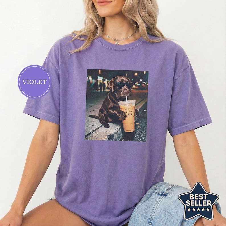 Funny Chocolate Lab Drinking Iced Coffee Shirt, Animal Meme Tee, Dog Lover Gift, Funny Lab Shirt, Dog Mom Gift, Chocolate Lab Gift Violet