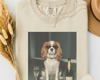 Funny Cavalier King Charles Drinking Champagne Shirt, Animal Meme Tee, Dog Lover Gift, Funny Spaniel Shirt, Wine Lover Tee, Dog Mom Gift