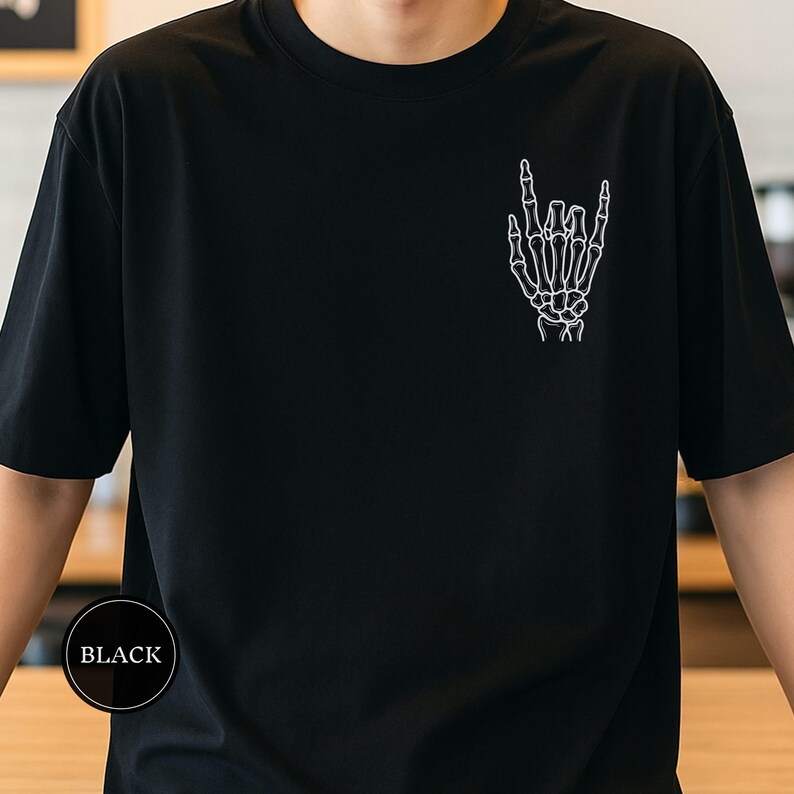 Rock On Skeleton Hand Shirt, Funny Rock Graphic Tee, Rock Fingers Shirt, Cool Mens Graphic Tee, Rock Music Gift, Rocker Tee, Gift for Him Black