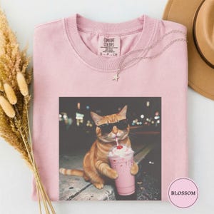 Op de afbeelding: Een lichtroze Comfort Colors sweatshirt met een afbeelding van een kat met een zonnebril die een roze milkshake drinkt. Een zilveren ketting met een sterhanger ligt op de trui. Het label luidt "S P CH".