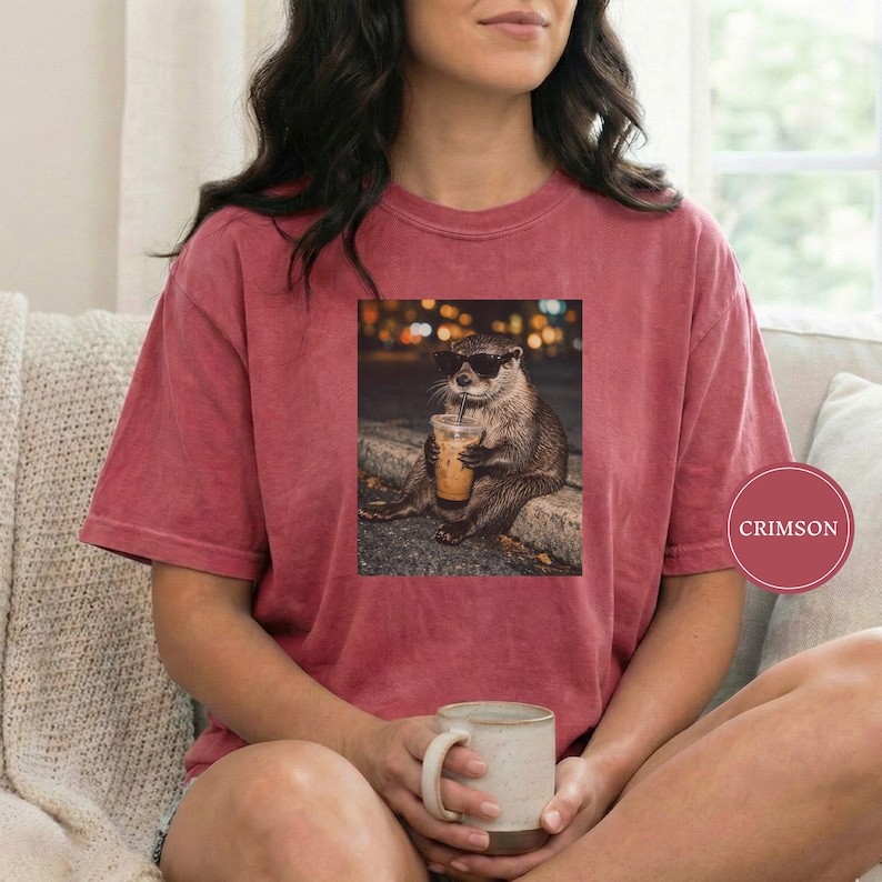 Funny Otter Drinking Iced Coffee Shirt, Animal Meme Graphic Tee, Otter Lover Gift, Funny Otter Shirt, Coffee Lover Tee, Otter Tee Crimson