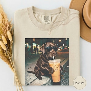 Funny Chocolate Lab Drinking Iced Coffee Shirt, Animal Meme Tee, Dog Lover Gift, Funny Lab Shirt, Dog Mom Gift, Chocolate Lab Gift Ivory
