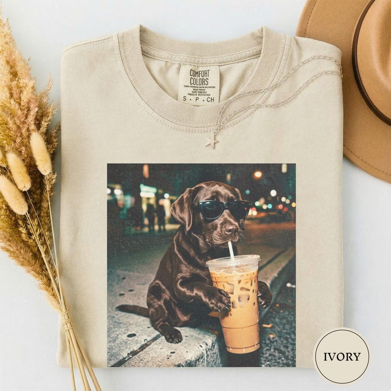 Funny Chocolate Lab Drinking Iced Coffee Shirt, Animal Meme Tee, Dog Lover Gift, Funny Lab Shirt, Dog Mom Gift, Chocolate Lab Gift Ivory