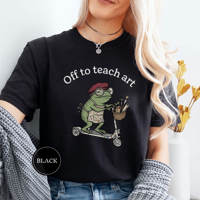 Off to Teach Art Shirt, Funny Frog Art Teacher Tee, Frog on Scooter Paint Gift, Women Art Educator Shirt, Frog Lover Tee, Funny Art Teacher Black