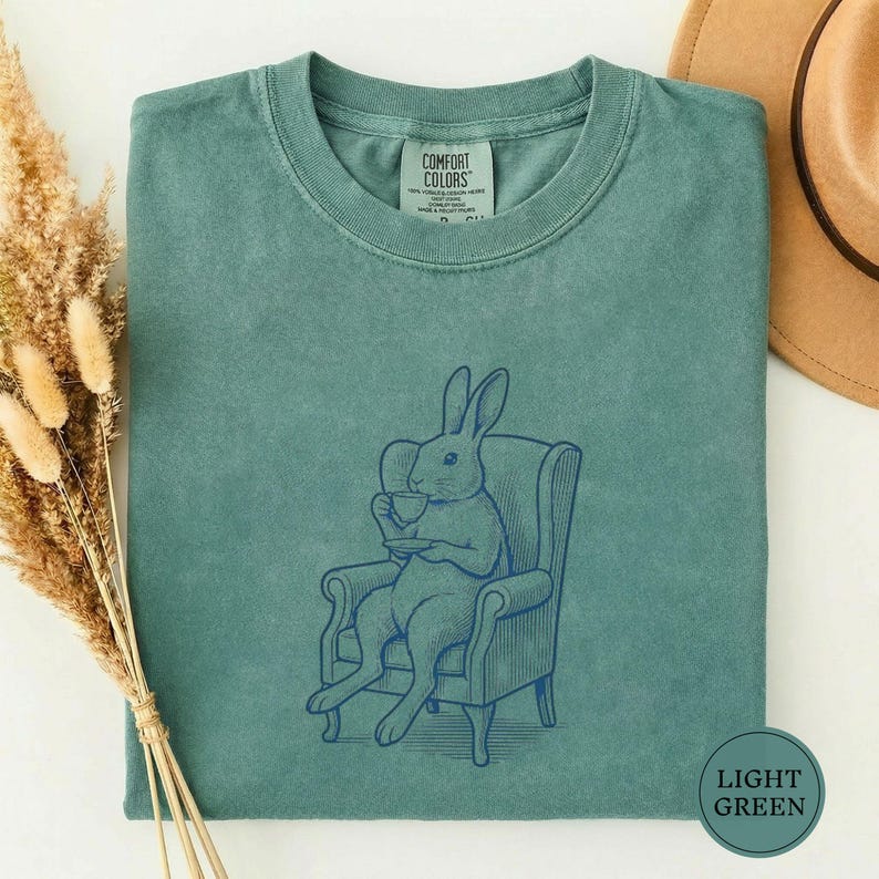 Rabbit Vintage Tea Shirt, Cute Bunny Tee, Rabbit Lover Gift, Funny Animal Drink Tee, Cute Pet Lover Gift, Vintage Animal Tee Gift Light Green