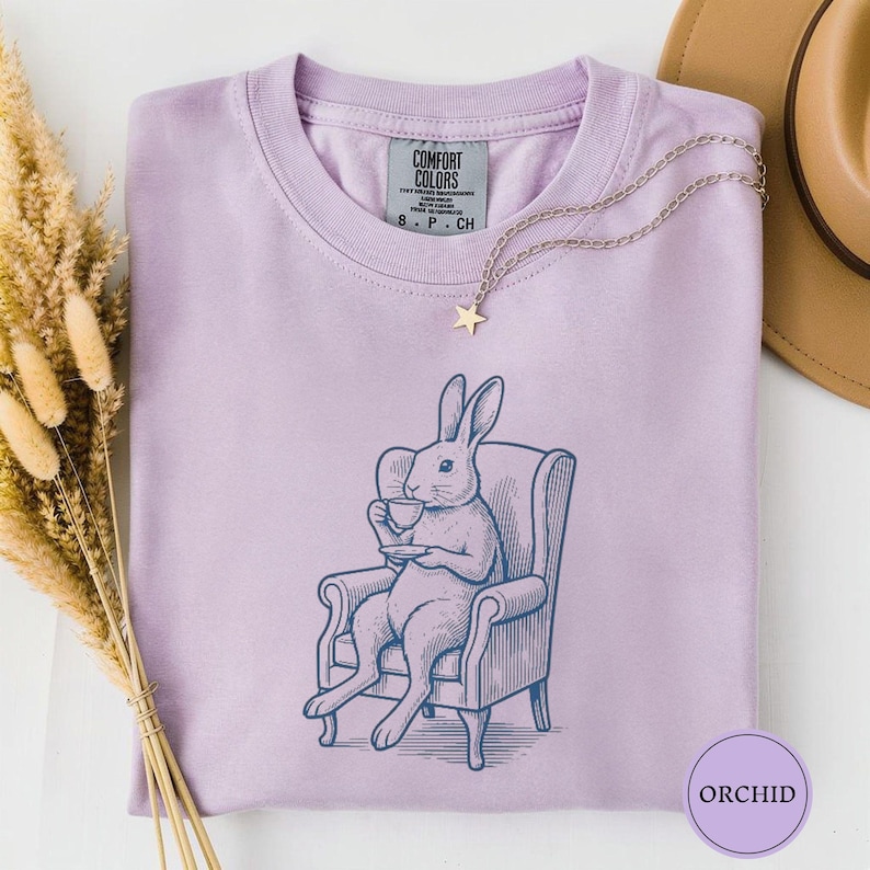 Rabbit Vintage Tea Shirt, Cute Bunny Tee, Rabbit Lover Gift, Funny Animal Drink Tee, Cute Pet Lover Gift, Vintage Animal Tee Gift Orchid