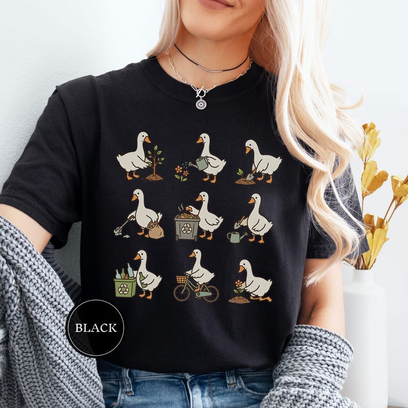 Camiseta do Dia da Terra com Ganso, Camiseta Divertida do Dia da Terra com Ganso, Camiseta para Amantes da Natureza, Presente para Amantes de Gansos, Camiseta Ecológica, Camiseta para Jardinagem Cottagecore Black