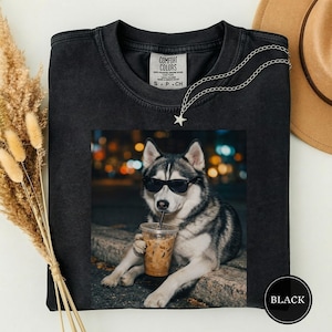 Comfort Colors Husky Drinking Iced Coffee Shirt, Animal Meme Tee, Dog Lover Gift, Funny Husky Shirt, Coffee Tee, Dog Mom Gift