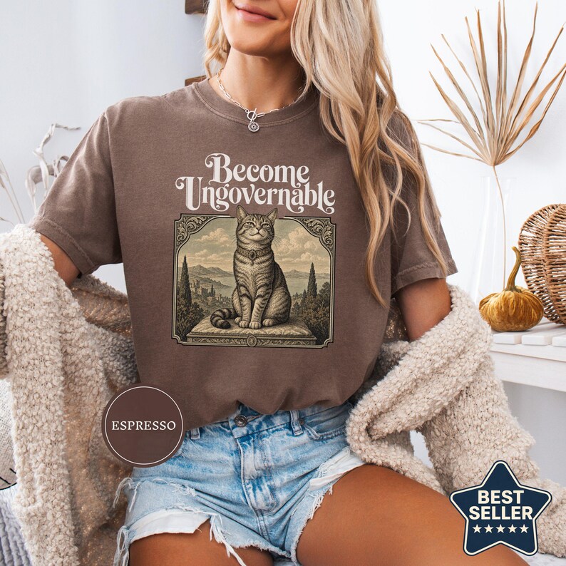 Become Ungovernable Vintage Cat Tee, Funny Gen Z Sarcastic Shirt, Woodcut Cat Lover Gift, Weird Feral Cat Mom Lover Humor Tshirt Espresso