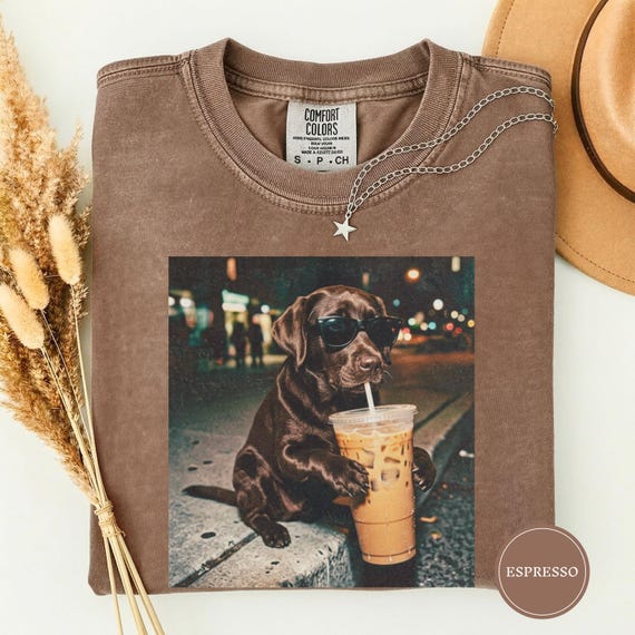 Funny Chocolate Lab Drinking Iced Coffee Shirt, Animal Meme Tee, Dog Lover Gift, Funny Lab Shirt, Dog Mom Gift, Chocolate Lab Gift