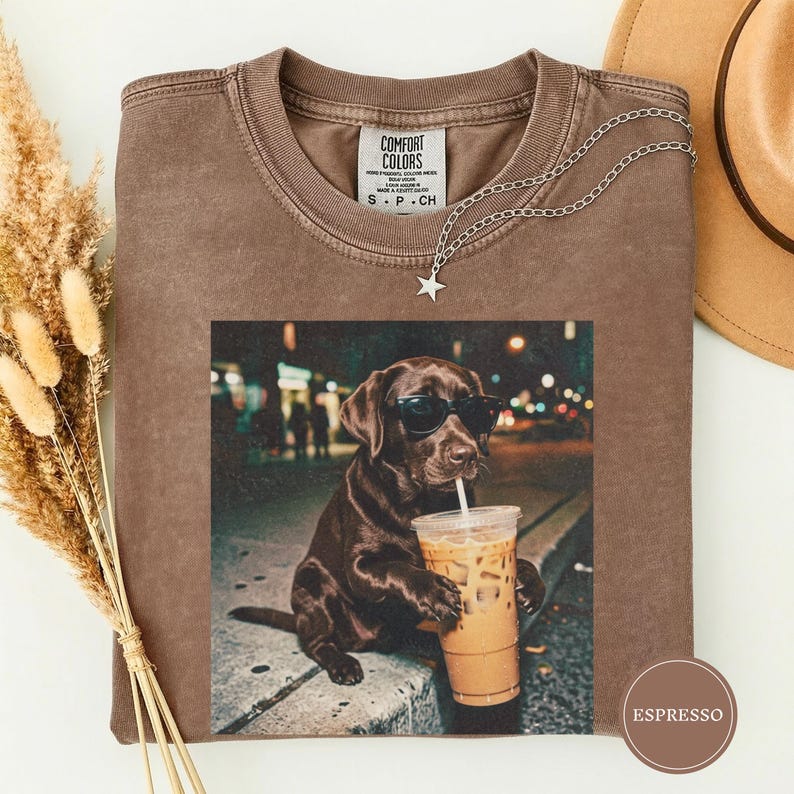 Funny Chocolate Lab Drinking Iced Coffee Shirt, Animal Meme Tee, Dog Lover Gift, Funny Lab Shirt, Dog Mom Gift, Chocolate Lab Gift Espresso