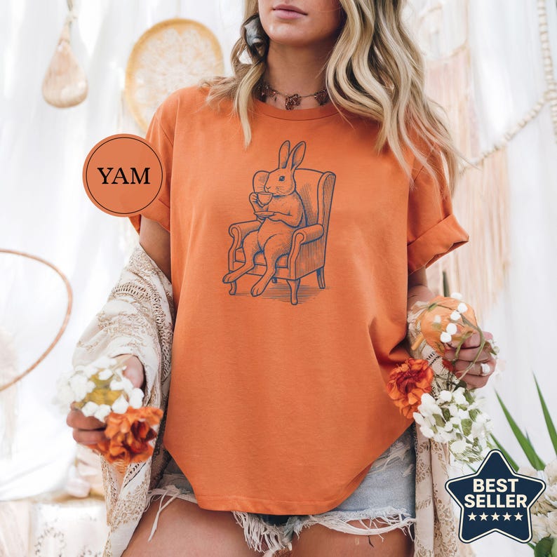 Rabbit Vintage Tea Shirt, Cute Bunny Tee, Rabbit Lover Gift, Funny Animal Drink Tee, Cute Pet Lover Gift, Vintage Animal Tee Gift Yam