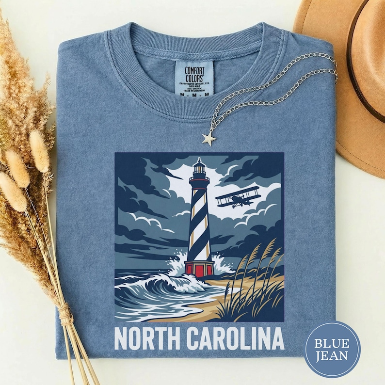 North Carolina Lighthouse Biplane Shirt, North Carolina Pride Tee, North Carolina Gift, Outer Banks Shirt, Coast Tee, NC Nature Gift Blue Jean
