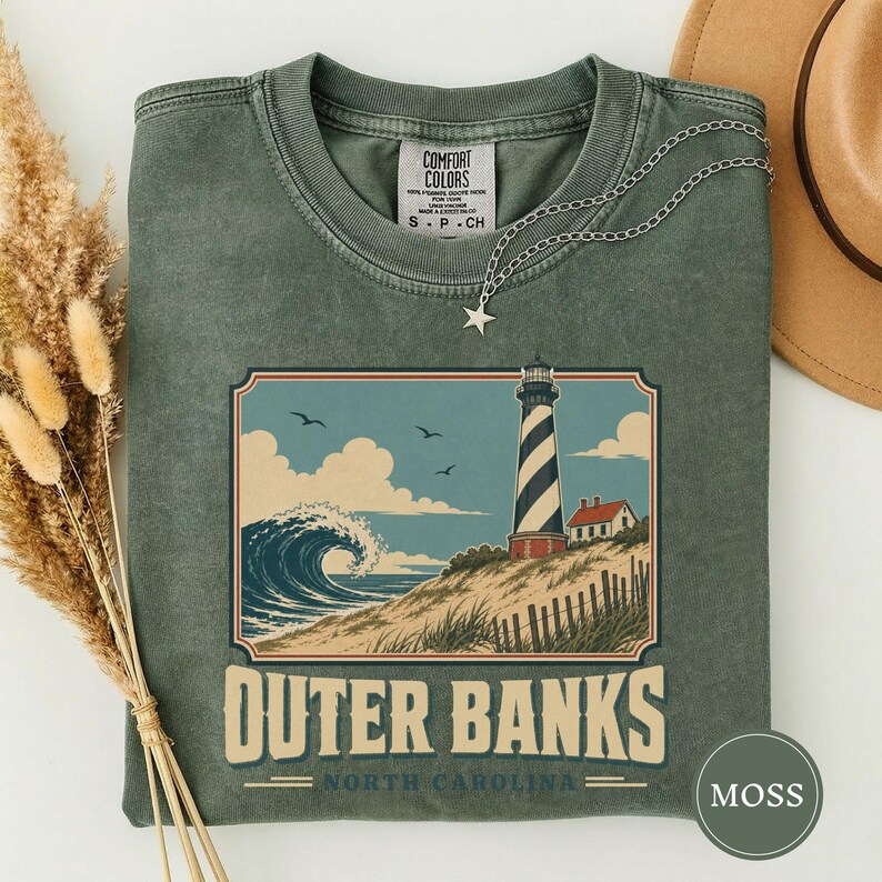 Outer Banks North Carolina Tee, Vintage Beach Poster Shirt, OBX Vacation Gift, North Carolina Travel Tee, Outer Banks Souvenir Moss