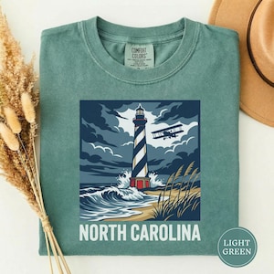 North Carolina Lighthouse Biplane Shirt, North Carolina Pride Tee, North Carolina Gift, Outer Banks Shirt, Coast Tee, NC Nature Gift Light Green
