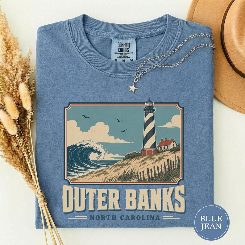 Outer Banks North Carolina Tee, Vintage Beach Poster Shirt, OBX Vacation Gift, North Carolina Travel Tee, Outer Banks Souvenir Blue Jean