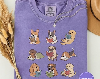 Funny Dog Reading Shirt, Cute Dogs with Books Tee, Dog Lover Gift, Funny Animal Graphic Tee, Book Lover Dog Shirt, Gift for Her