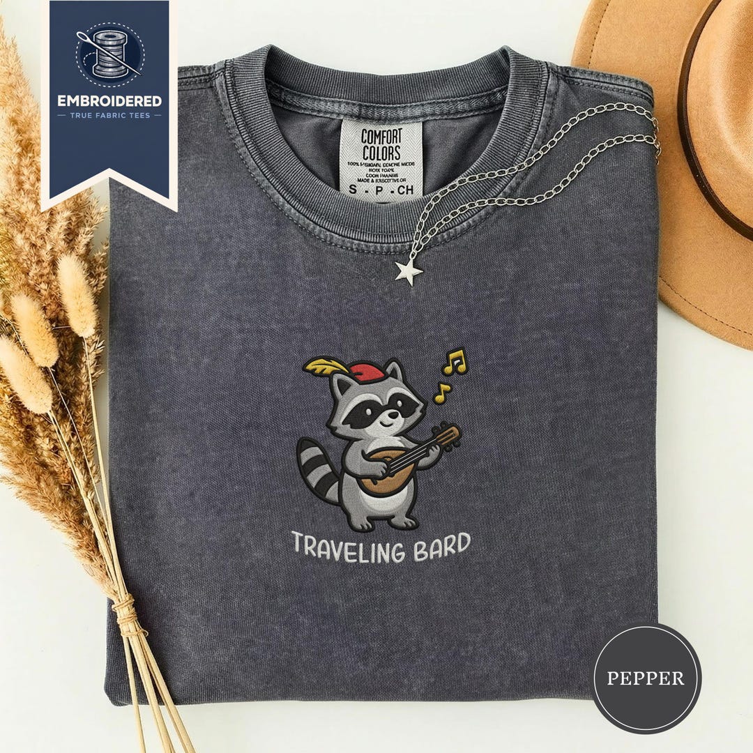 Traveling Bard Raccoon Embroidered Shirt, Medieval Raccoon Tee, Fantasy ...