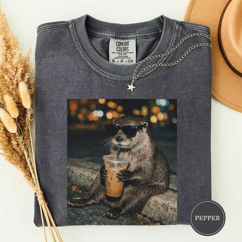Funny Otter Drinking Iced Coffee Shirt, Animal Meme Graphic Tee, Otter Lover Gift, Funny Otter Shirt, Coffee Lover Tee, Otter Tee Pepper