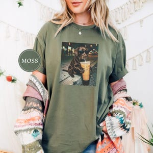 Funny Chocolate Lab Drinking Iced Coffee Shirt, Animal Meme Tee, Dog Lover Gift, Funny Lab Shirt, Dog Mom Gift, Chocolate Lab Gift Moss