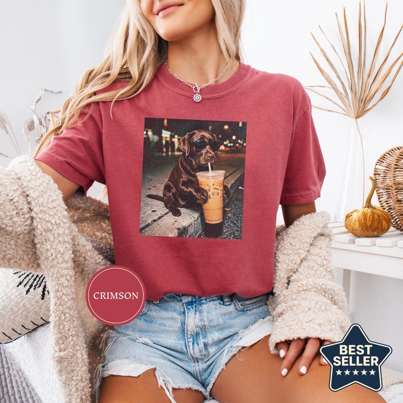 Funny Chocolate Lab Drinking Iced Coffee Shirt, Animal Meme Tee, Dog Lover Gift, Funny Lab Shirt, Dog Mom Gift, Chocolate Lab Gift Crimson