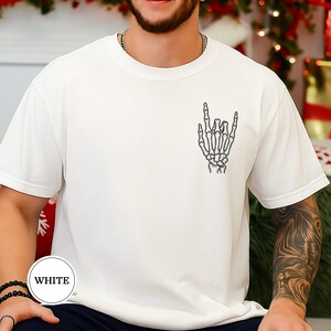 Rock On Skeleton Hand Shirt, Funny Rock Graphic Tee, Rock Fingers Shirt, Cool Mens Graphic Tee, Rock Music Gift, Rocker Tee, Gift for Him White