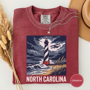 North Carolina Lighthouse Biplane Shirt, North Carolina Pride Tee, North Carolina Gift, Outer Banks Shirt, Coast Tee, NC Nature Gift Crimson