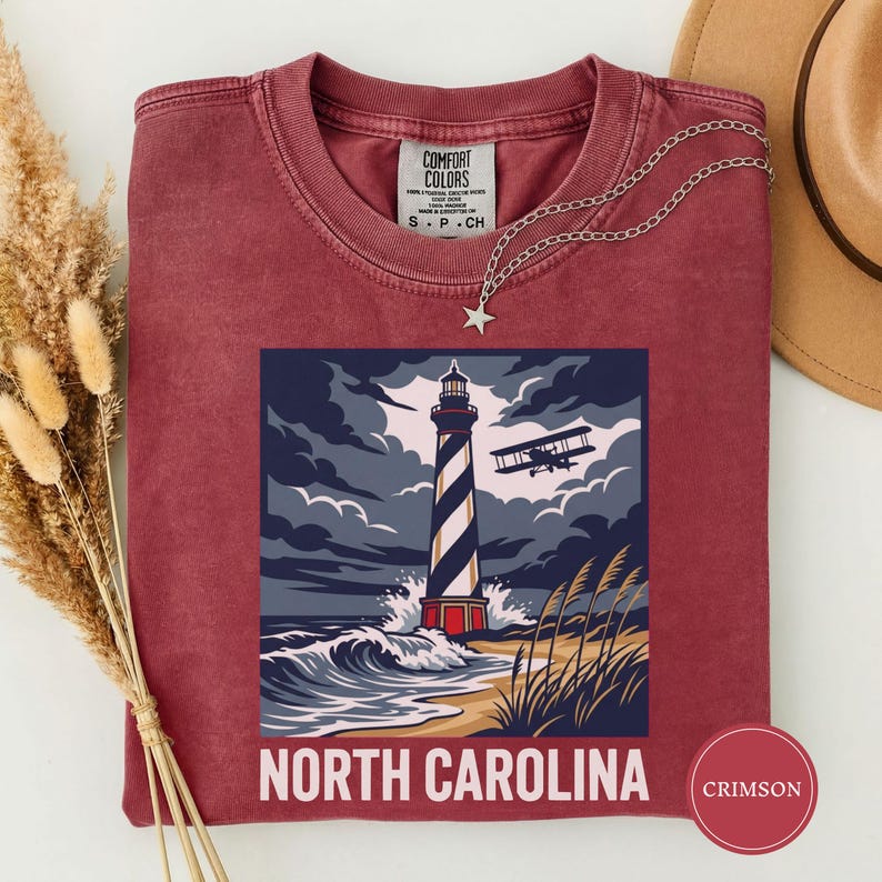 North Carolina Lighthouse Biplane Shirt, North Carolina Pride Tee, North Carolina Gift, Outer Banks Shirt, Coast Tee, NC Nature Gift Crimson