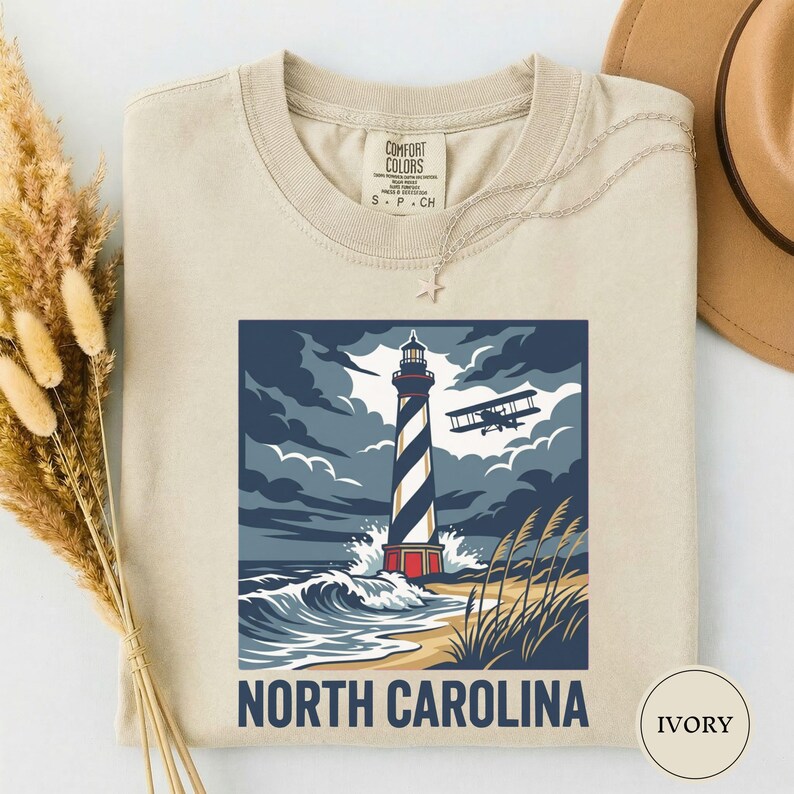 North Carolina Lighthouse Biplane Shirt, North Carolina Pride Tee, North Carolina Gift, Outer Banks Shirt, Coast Tee, NC Nature Gift Ivory