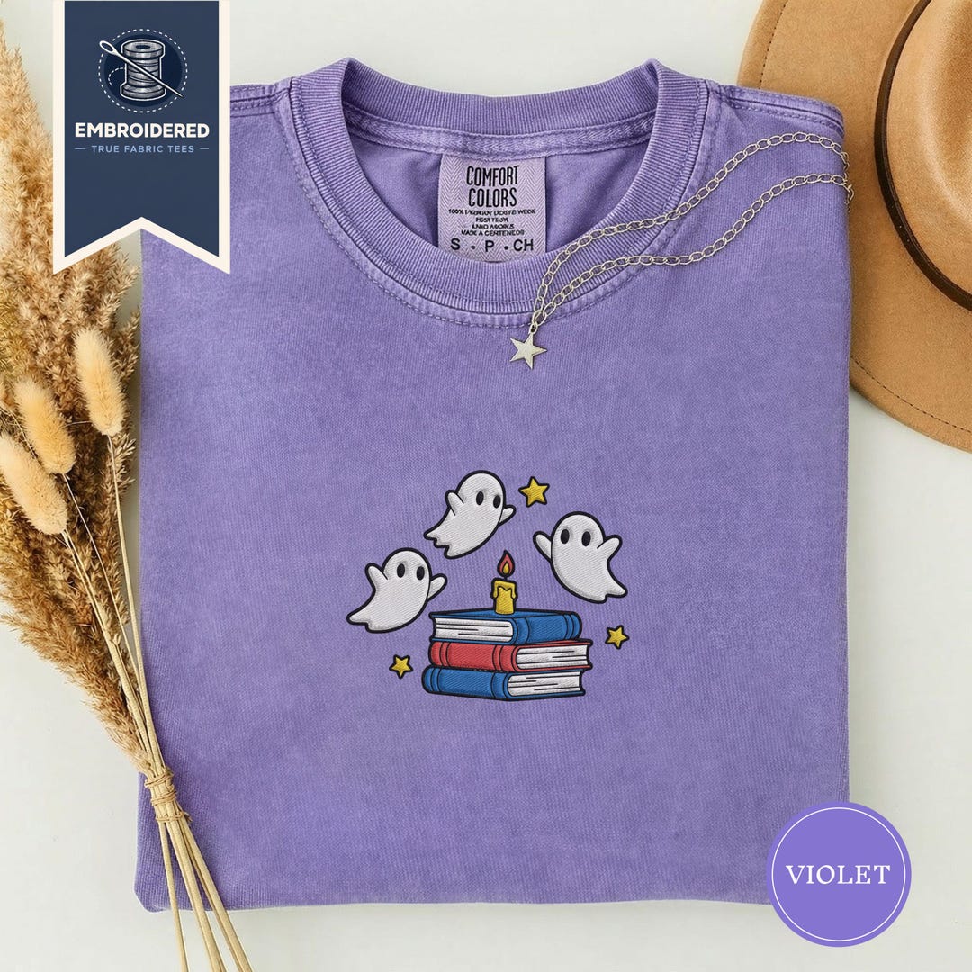Reading Ghosts Embroidered Shirt, Cute Spooky Book Ghost Tee, Halloween ...