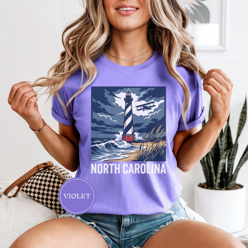 North Carolina Lighthouse Biplane Shirt, North Carolina Pride Tee, North Carolina Gift, Outer Banks Shirt, Coast Tee, NC Nature Gift Violet