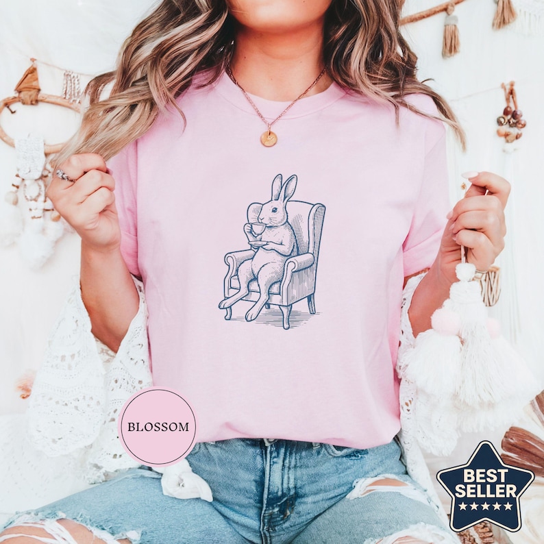 Rabbit Vintage Tea Shirt, Cute Bunny Tee, Rabbit Lover Gift, Funny Animal Drink Tee, Cute Pet Lover Gift, Vintage Animal Tee Gift Blossom