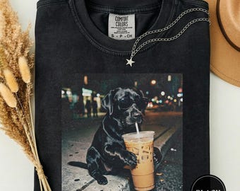 Funny Black Lab Drinking Iced Coffee Shirt, Animal Meme Tee, Dog Lover Gift, Funny Lab Shirt, Dog Mom Gift