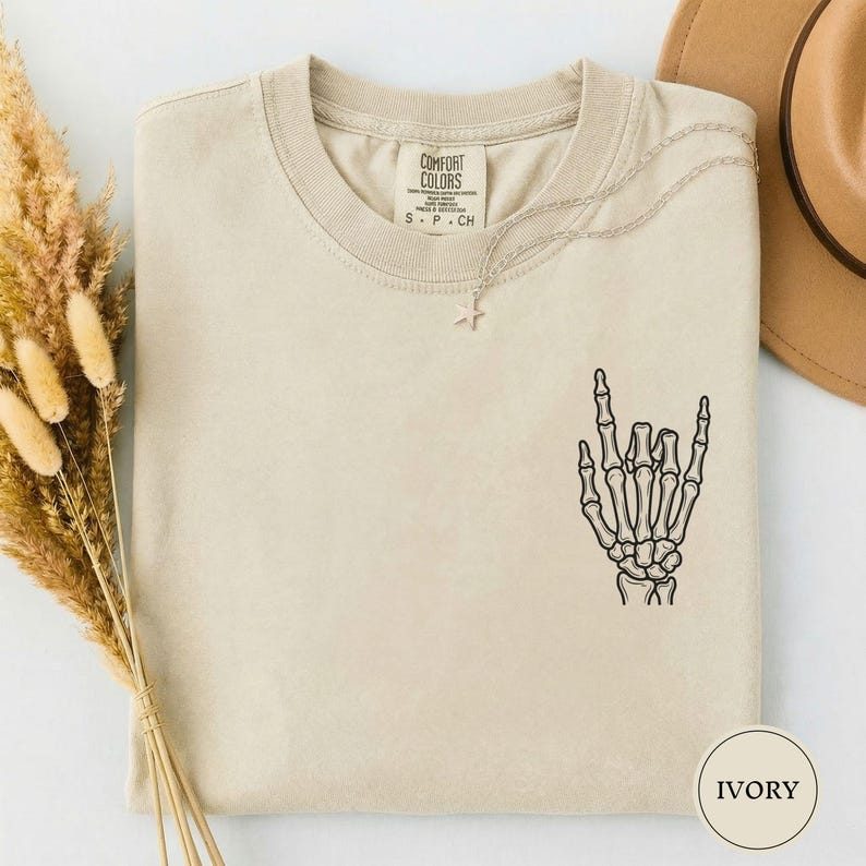 Rock On Skeleton Hand Shirt, Funny Rock Graphic Tee, Rock Fingers Shirt, Cool Mens Graphic Tee, Rock Music Gift, Rocker Tee, Gift for Him Ivory