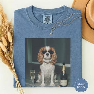 May include: A blue short-sleeved t-shirt with a Comfort Colors label at the neck. The center features a graphic of a brown and white spaniel wearing black sunglasses, sitting next to a champagne flute and a bottle of champagne.