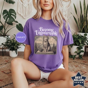 Become Ungovernable Vintage Cat Tee, Funny Gen Z Sarcastic Shirt, Woodcut Cat Lover Gift, Weird Feral Cat Mom Lover Humor Tshirt Violet