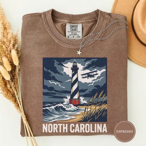 North Carolina Lighthouse Biplane Shirt, North Carolina Pride Tee, North Carolina Gift, Outer Banks Shirt, Coast Tee, NC Nature Gift Espresso