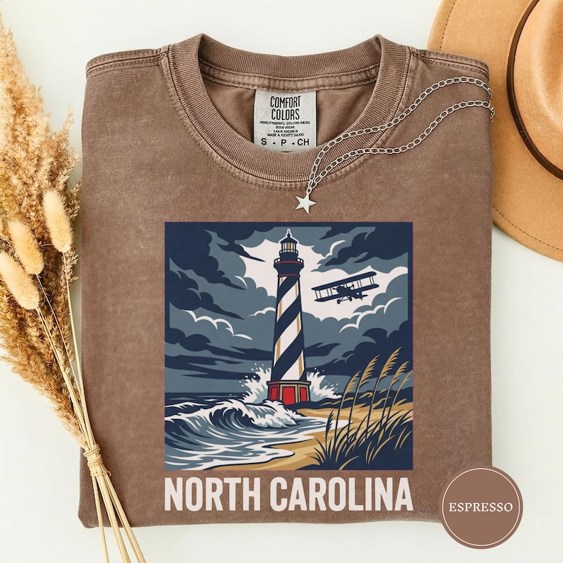 North Carolina Lighthouse Biplane Shirt, North Carolina Pride Tee, North Carolina Gift, Outer Banks Shirt, Coast Tee, NC Nature Gift Espresso