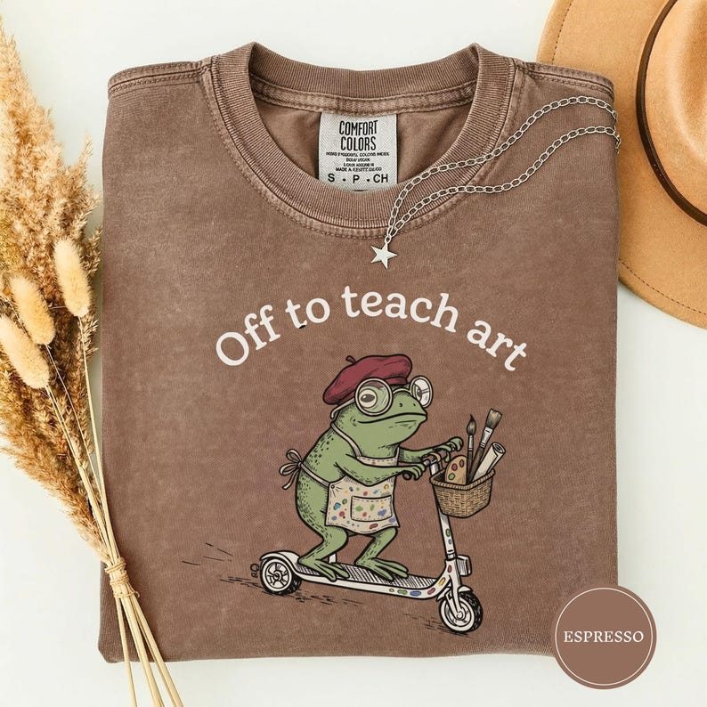 Off to Teach Art Shirt, Funny Frog Art Teacher Tee, Frog on Scooter Paint Gift, Women Art Educator Shirt, Frog Lover Tee, Funny Art Teacher Espresso
