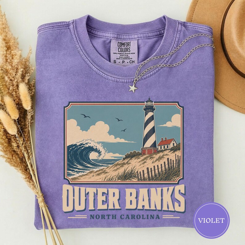 Outer Banks North Carolina Tee, Vintage Beach Poster Shirt, OBX Vacation Gift, North Carolina Travel Tee, Outer Banks Souvenir Violet