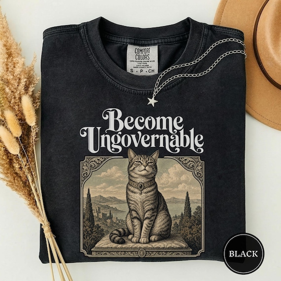 Become Ungovernable Vintage Cat Tee, Funny Gen Z Sarcastic Shirt, Woodcut Cat Lover Gift, Weird Feral Cat Mom Lover Humor Tshirt