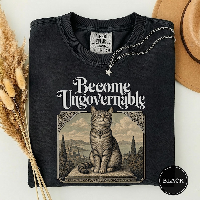Become Ungovernable Vintage Cat Tee, Funny Gen Z Sarcastic Shirt, Woodcut Cat Lover Gift, Weird Feral Cat Mom Lover Humor Tshirt Black
