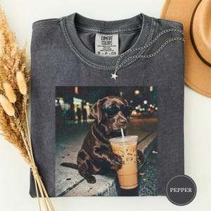 Funny Chocolate Lab Drinking Iced Coffee Shirt, Animal Meme Tee, Dog Lover Gift, Funny Lab Shirt, Dog Mom Gift, Chocolate Lab Gift Pepper