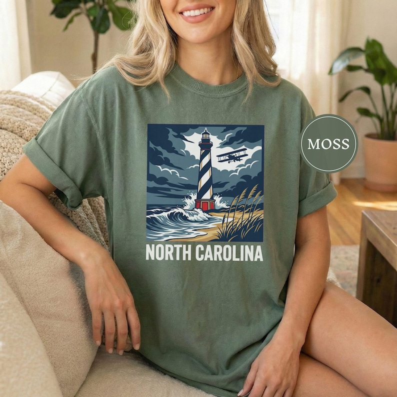North Carolina Lighthouse Biplane Shirt, North Carolina Pride Tee, North Carolina Gift, Outer Banks Shirt, Coast Tee, NC Nature Gift Moss