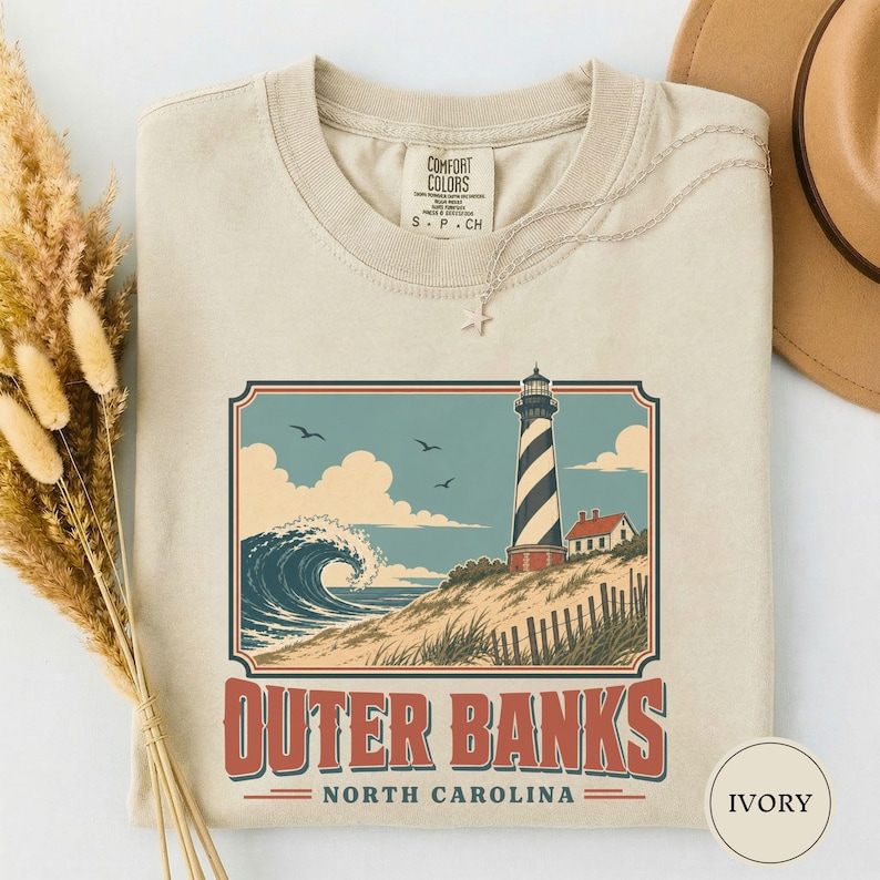 Outer Banks North Carolina Tee, Vintage Beach Poster Shirt, OBX Vacation Gift, North Carolina Travel Tee, Outer Banks Souvenir Ivory