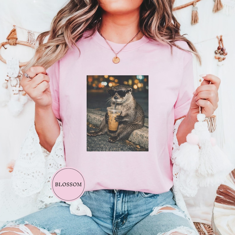 Funny Otter Drinking Iced Coffee Shirt, Animal Meme Graphic Tee, Otter Lover Gift, Funny Otter Shirt, Coffee Lover Tee, Otter Tee Blossom
